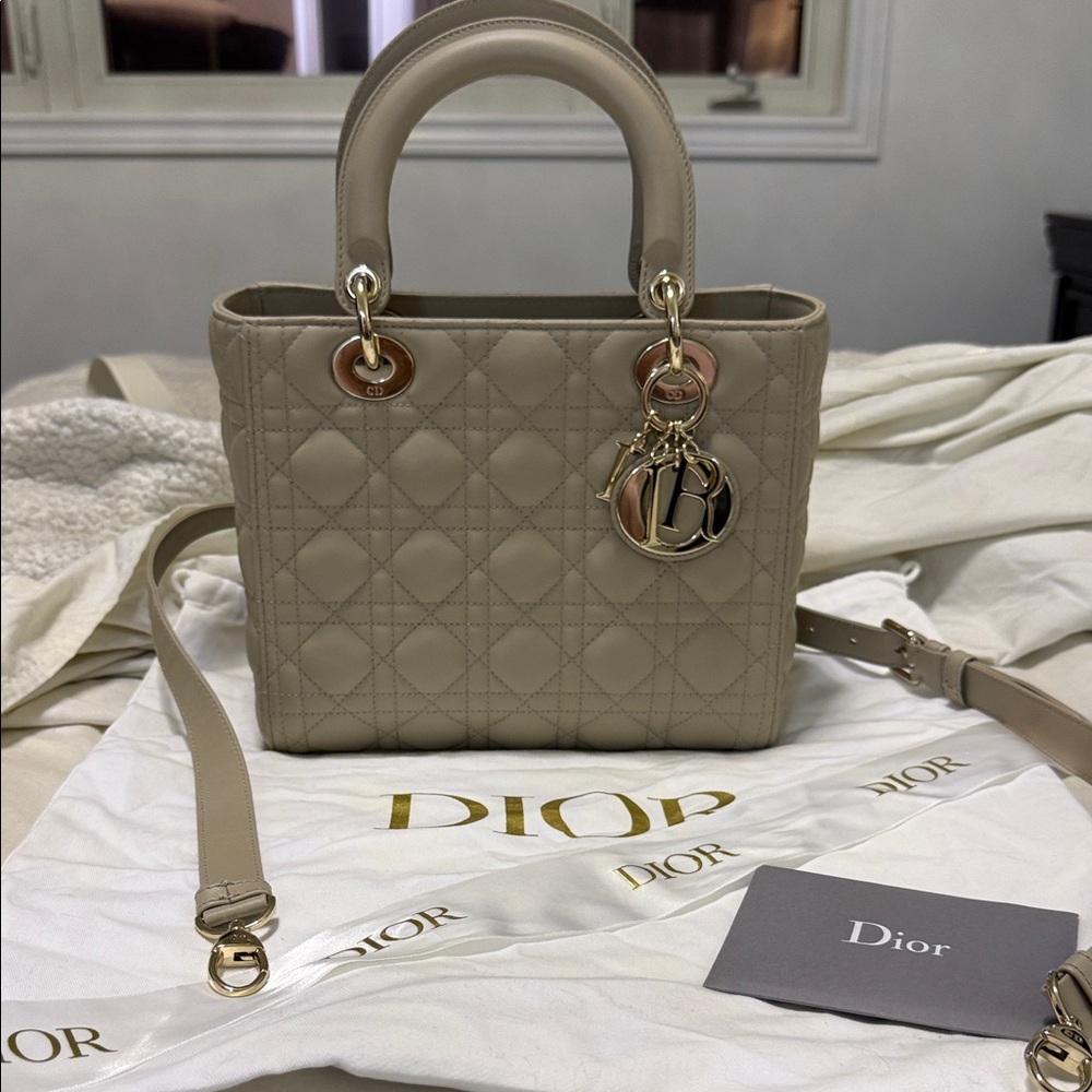 🔥New Dior Lady Dior Beige Quilted Leather Satchel Bag, Medium 🔥